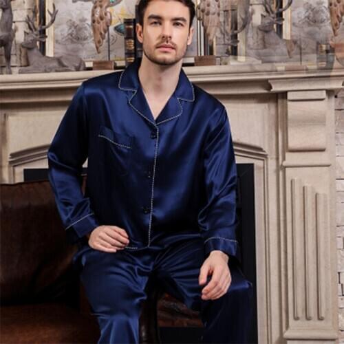 19MM Real 100% Silk pajamas suit Men Sleepwear spring summer Winter noble long Full sleeve two-piece Blue Solid Striped XL 3XXL