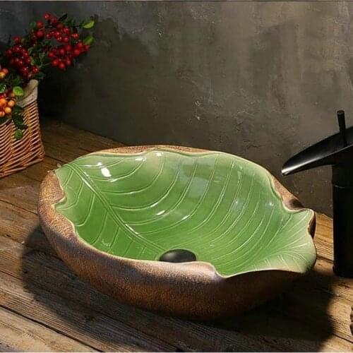 4 COLORS Primitive Style Handmade Irregular Ceramic Wash Basin Leaf Like Countertop Bathroom Sink