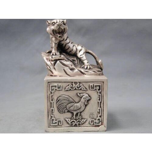 Crafts Arts 7" China Silver Bronze Tiger State Imperial Seal Healing Medicine