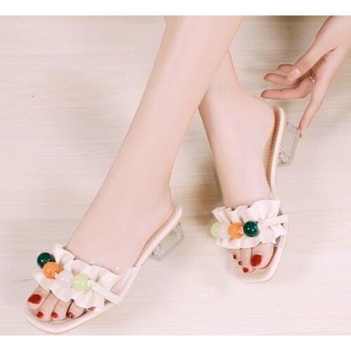 High-heeled Slippers Women Summer Pumps 2021 New Fashion Transparent Square Head Thick Heel Beaded Sandals Slippers Women