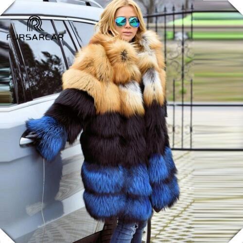 FURSARCAR Luxury Natural Real Gold Fox & Silver Fur Coat Genuine Fur Jacket for Female Women Winter Long Coat With Fur Collar