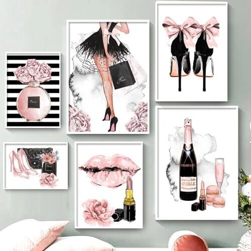 Nordic Posters And Prints Girl Perfume Flower Lipstick High Heels Wall Art Canvas Painting Wall Pictures For Shop Home Decor