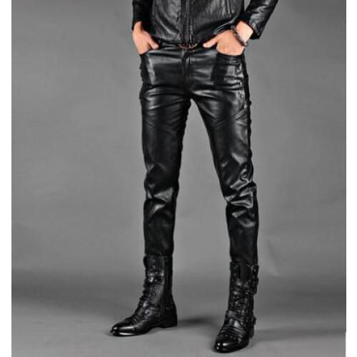 Thin stage personality fashion motorcycle faux leather pants mens feet pants pu trousers for men pantalon homme autumn winter