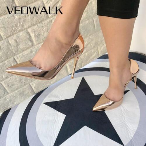 Veowalk Shiny Golden Womens Sexy D'Orsay High Heels Shoes Sexy Ladies Pointed Toe Low Cut Classic Pumps Colors Customized