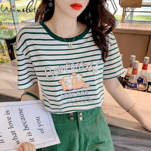 Striped T-shirt Women Print Letters Cotton O-neck Short Sleeve Cartoon Cute Preppy Style Casual Tops Tees Summer T17512A
