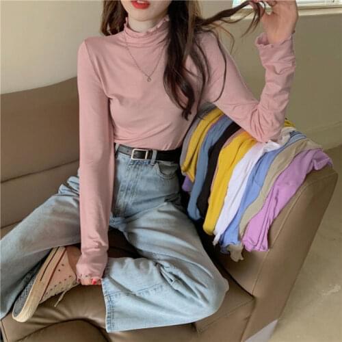 Womens Cotton Long-Sleeved Turtleneck Spring and Autumn Shirt Top