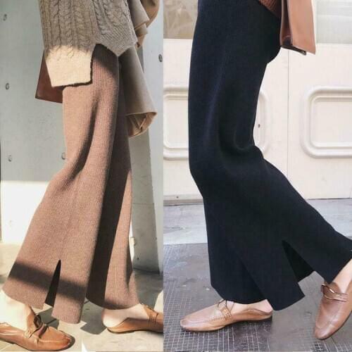 Womens Winter Chic Warm Comfy Long Loose Casual Knitted Pants Wide Leg Trouser