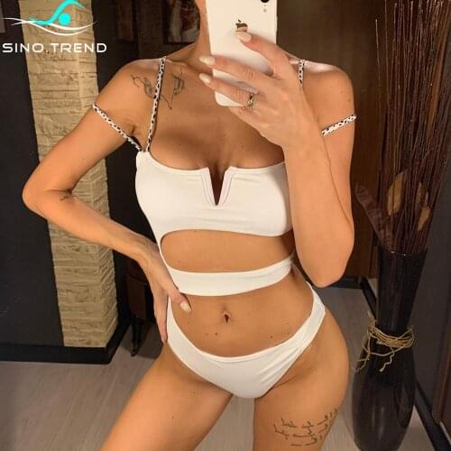 New Sexy 2021 V Neck Tummy Cut Out One Piece Swimsuit Women Plain Monokini Swimwear Female Asymmmetrical Bather Bathing Suit