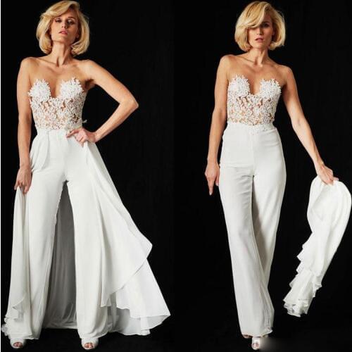 Evening Gowns Jumpsuits Sleeveless Prom Dresses Detachable Train Lace Applique Luxury African Party Womens Pant Suits