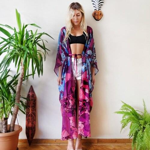 Women Floral Kimono Cardigan Ladies Bikini Cover Up Elegant Beach Dress Elegant Playa Transparent Beachwear Bathing Suits