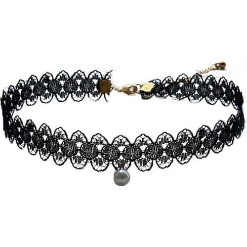 2020 fashion Gothic Faux PearlChoker Necklace Black Lace Choker Collar Vintage Women Wedding Jewelry