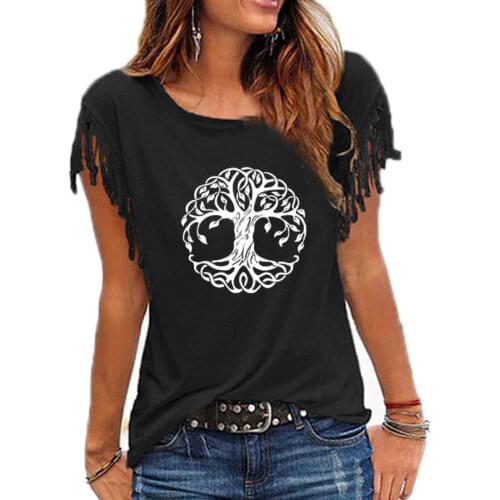 2021 New Mandala Circle Trees T-Shirt Tree Women Short Sleeve Female T-shirts Tassel Cotton Short Sleeve O-neck Fashion Tees