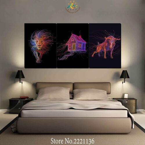3-4-5 Pieces Optical Fiber bull and Lion Modern Wall Art Canvas Printed Painting HD Prints Modular Poster Wall Pictures