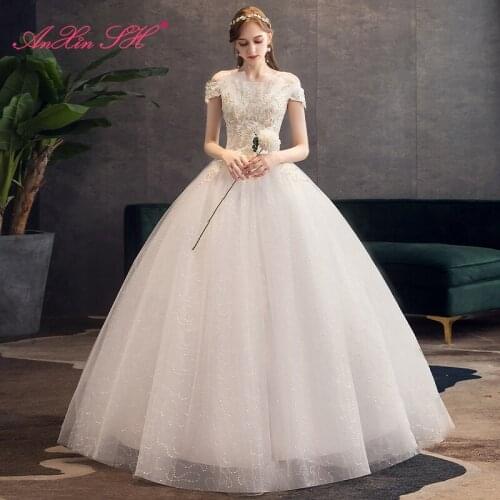 AnXin SH princess flower white lace wedding dress vintage boat neck beading crystal ruffles sparkly party bride wedding dress