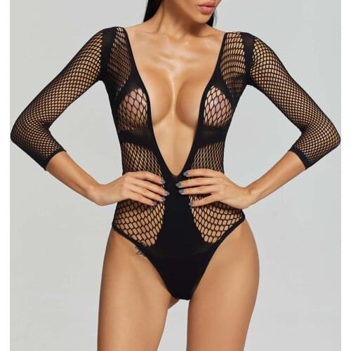 Women Femme Hot Sexy Black Hollow Out Fishnet Rhinestone Decor Bodysuit Nightwear See-through Mesh Long Sleeve Leotard Underwear