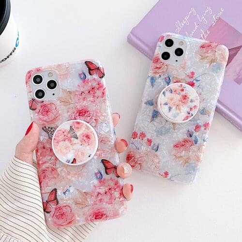 FLYKYLIN Holder Stand Shell Pattern Case For iPhone 12 11 Pro XR XS Max 7 8 Plus SE 2020 Glitter Flower Soft Silicone Back Cover