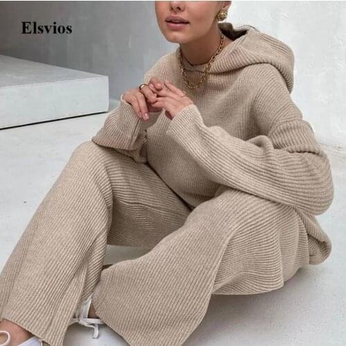 Elegant Women Two Piece Sets Pajamas Casual Hooded Rib Knit Tops And Wide Leg Pants Suit Spring Ladies Loose Homewear Sportswear