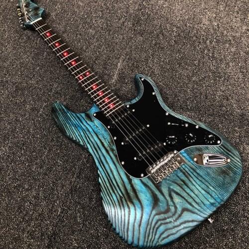 STOCK Charcoal baked white wax wood electric guitar, blue frosted matte, LED light, real photos, free shipping
