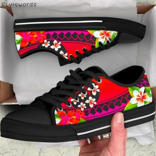 ELVISWORDS Ladies Low Style Canvas Vulcanized Shoes Polynesian Plumeria Printed Women Shoes Comfort Casual Females Walking Shoes