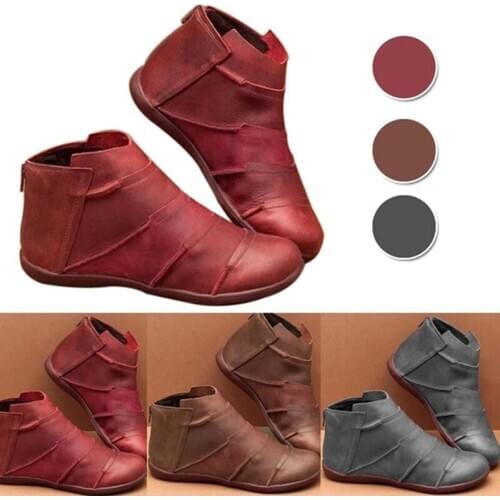 GAOKE Women PU Leather Ankle Boots Autumn Winter Zipper Vintage Women Cowboy Shoes Woman Retro Work Botas Mujer