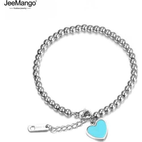 JeeMango Trendy Pink/Blue Heart Charm Bracelets & Bangles For Women Girls Stainless Steel Rose Gold Beaded Bracelet JB17069