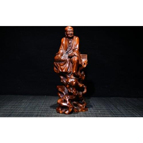 9"China Lucky Old Boxwood Hand-carved Arhat statue Sitting on the Buddha Terrace Enshrine the Buddha Office Ornaments Town House
