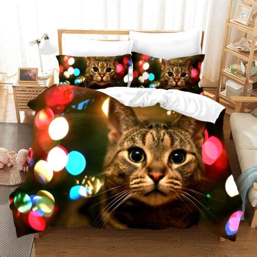 Cute 3D Cat Print Kids Animal Bedding Set Queen Size Bed Linen Set 2/3Pcs Comfortable Duvet Cover Pillowcase