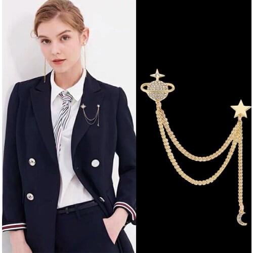 Korean Star Crown Brooch Bird Crystal Tassel Chain Lapel Pin Shirt Suit Collar Pins Fashion Jewelry for Women Men Accessories