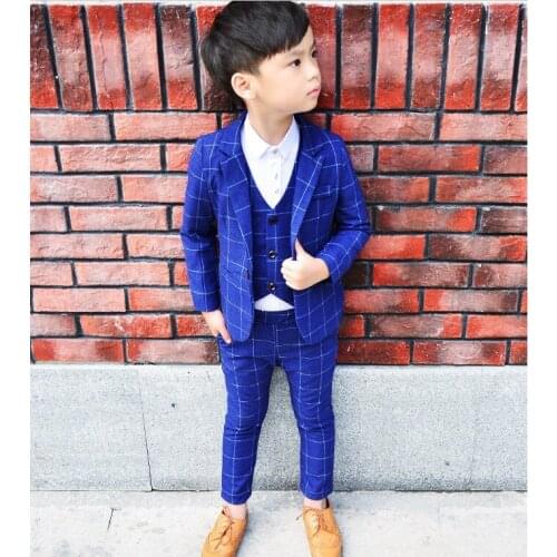 Boys Suits Spring Autumn Clothing Suit For Wedding Boy Party Suits Plaid 3pieces Coat+Vest+Pants Children Birthday Suit 3-10T