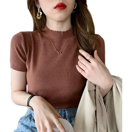 Summer Female Knitted Sweaters Pullovers Short Sleeve Half Turtleneck Thin Sweater For Women Slim Jumper Office Lady Clothing