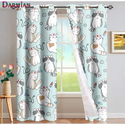 DARMIAN Cute Cartoon Nurse Cat Print Window Curtains for Kids Bedroom Home Decoration Thermal Insulated Blackout Grommet Drapes