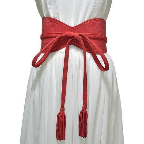 Fashion Women Solid Color Faux Leather Tassel Bow Tie Wide Belt Corset Waistband new