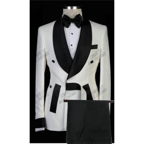 2021 Men Double Breasted White Jacket Wedding Suit Shawl Lapel Groom Tuxedos Formal Dinner Prom Slim Suit Custom Made Men Suit