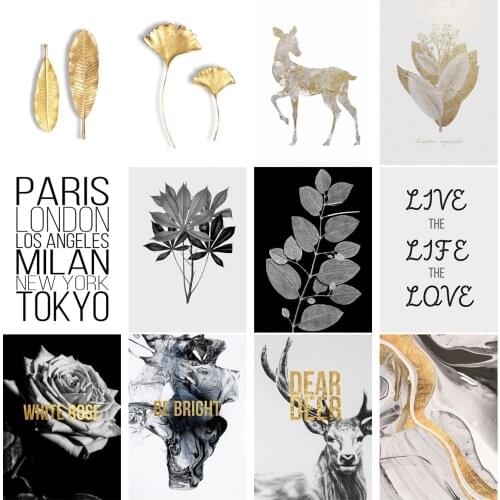 Golden Leaf Elk Decorative Painting Poster Pictures Letter Black And White Wall Art Rose Room decoration Paintings Canvas Living