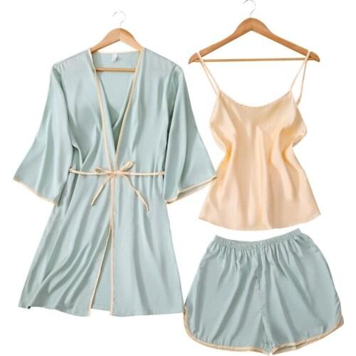 New 3pcs Women Pajamas Faux Silk Satin Pure Color Sleepwear Sets Elegant Fashion Casual Home Cloth Camisole Pant Robe Nightwear