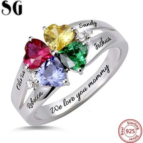 New 925 Sterling Silver Custom Four-heart Birthstone Engraved Names Ring for Mothers Day Gift Stelring Silver Jewelry