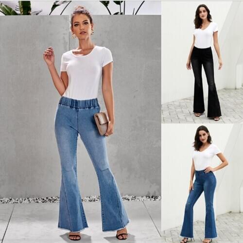 Sexy Stretching High Waist Knees Holes Flare Women Jeans Fashion Bell Bottom Skinny Denim Jeans Retro Women Pants Trousers 2019