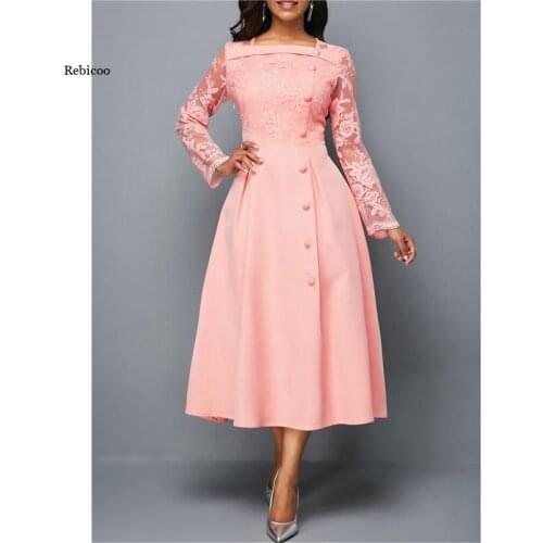 Big Size Dresses for Women Elegant Long Sleeve Lace Stitching High Waist Big Hem Mid-Length Women Dress New