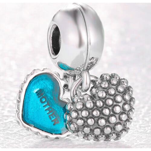 Original Blue Enamel Two Halves Love Heart MOTHER & SON Pendant Beads Fit 925 Sterling Silver Charm Bracelet DIY Jewelry