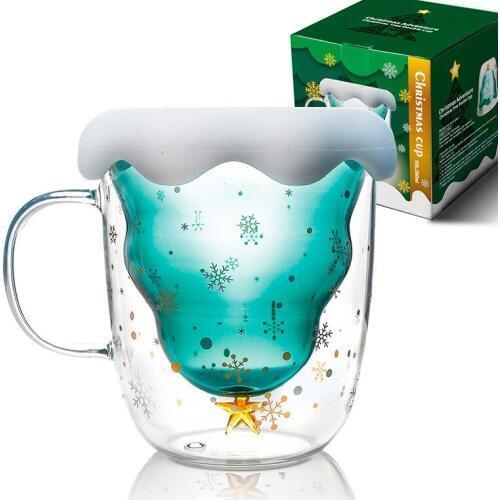 Christmas Tree Cup Double Glass Heat-insulated Coffee Cup Party Drinkware Christmas Gift Snowman Mug Carry-on Drinking Bottle