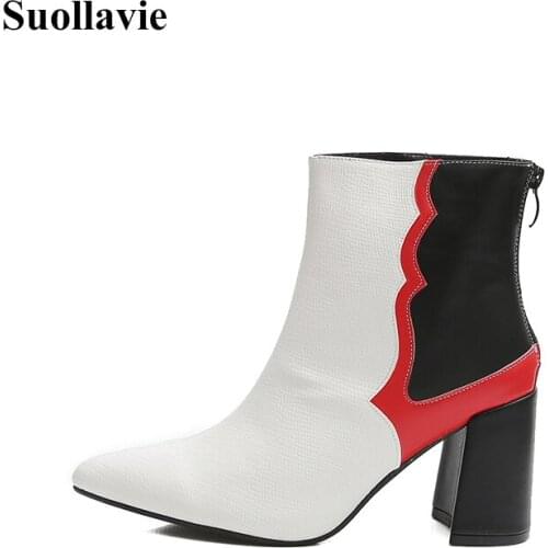 Suollavie 2021 winter fashion boots women mixed color shoes ladies Back zipper female boots chunky heel women shoes dress heels