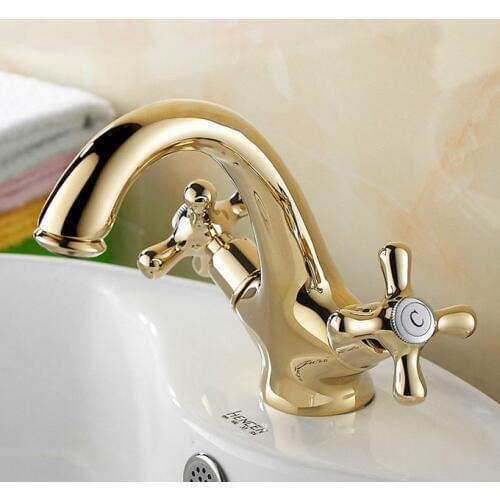 Gold Color Brass Faucets Bathroom Faucet basin Sink mixer tap swan neck Deck Mounted Double Cross Handles Single Hole anf061