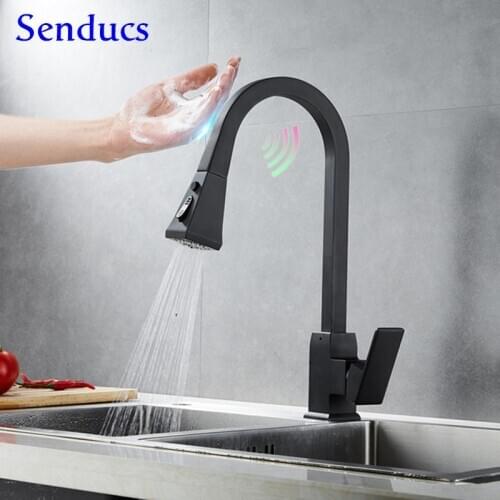 Black Touch Kitchen Faucets Senducs Square Pull Down Kitchen Mixer Tap Sensor Water Tap Pull Out Touch Kitchen Sink Faucets