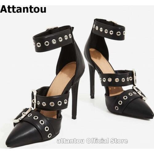Black Hollow Out Pointed Toe Stiletto Heeled Pumps Women Punk Style Gladiator Sandals Sexy Party Ladies High Heels Dress Shoes