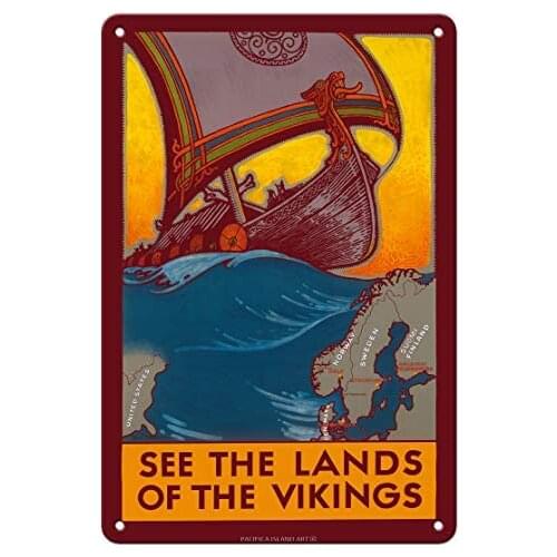 See The Land of The Vikings - Map of Scandinavia - Viking Ship by Ben Blessum c.1937 Metal Tin Sign