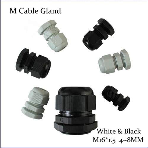 M16*1.5 Waterproof Connector Gland for 4mm~8mm Diameter Cable Black White