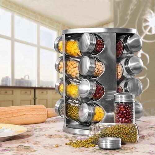 Stainless Steel Revolving Countertop Spice Rack glass container kitchen Seasoning Storage organizer bottle 16 jar Sets mx1018143