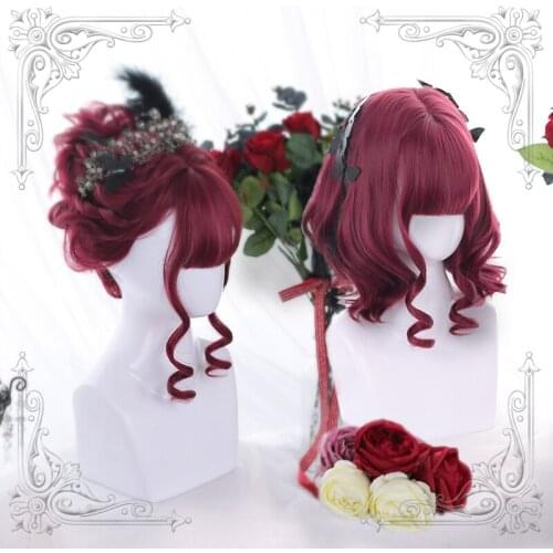 High Quality Lolita Starry Sky Red Air Bangs Female Loveliness Short Curly Hair Wig Cosplay Party