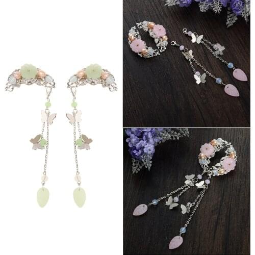 2Pcs Ethnic Alligator Flower Barrette Hairpin Chinese Butterfly Tassels Clip