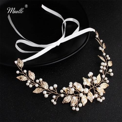 Miallo Fashion Pearls Headbands Gold Leaves Handmade Hair Vine Women Headpieces Wedding Hair Jewelry Hair Accessories